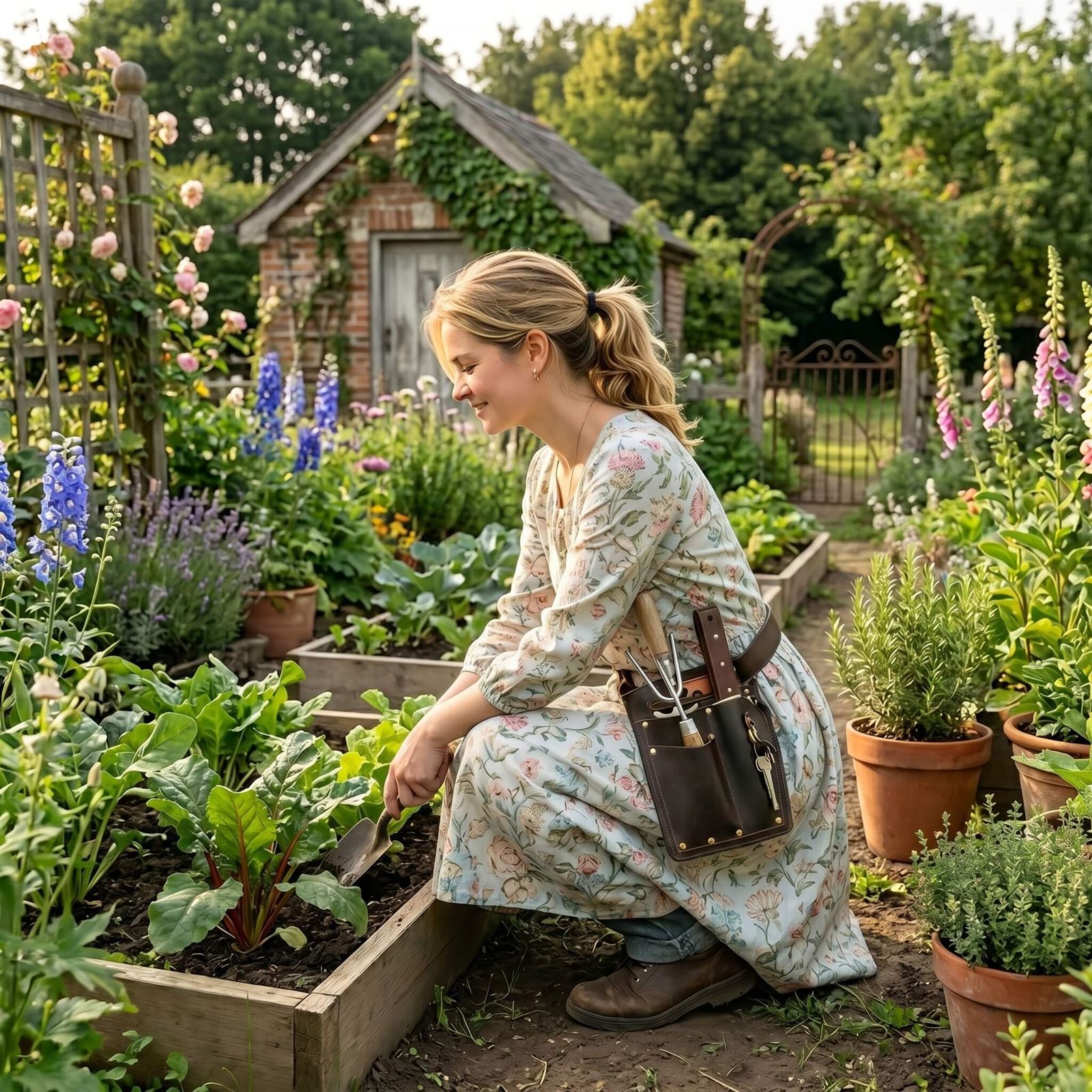 Professional gardener wearing a vintage oil-waxed leather tool belt in the garden Professional gardener wearing a vintage oil-waxed leather tool belt in the garden